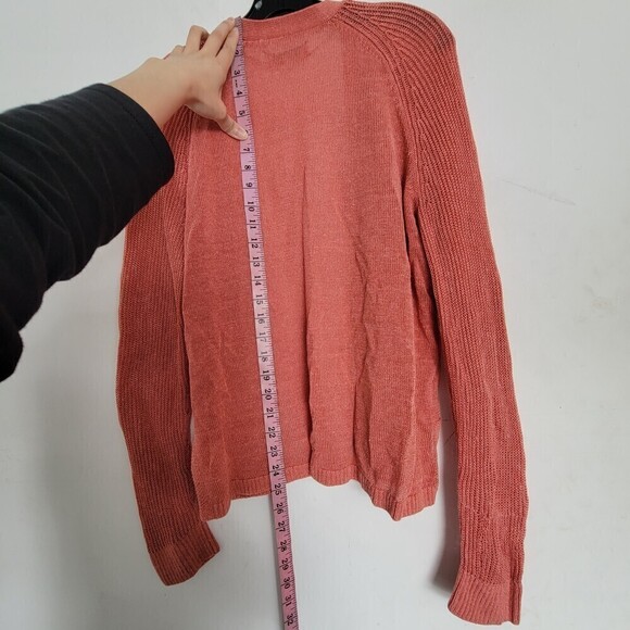 LOFT Linen Open Knit Coral Peach Open Front Long Sleeve Cardigan Sweater Large - Picture 8 of 12